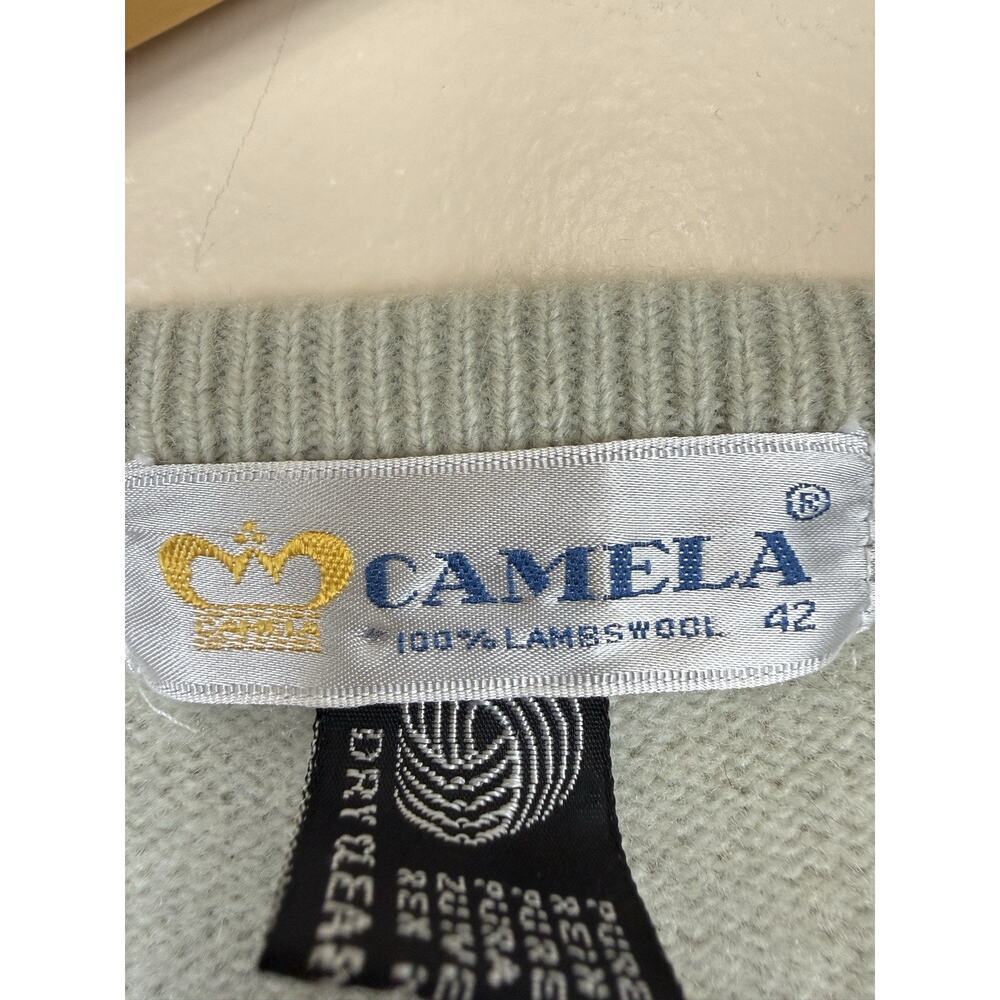 Camela Women’s V-Neck Sweater, Gray-Green, Embroidered Logo, Size 42/L Lambswool - Picture 6 of 10